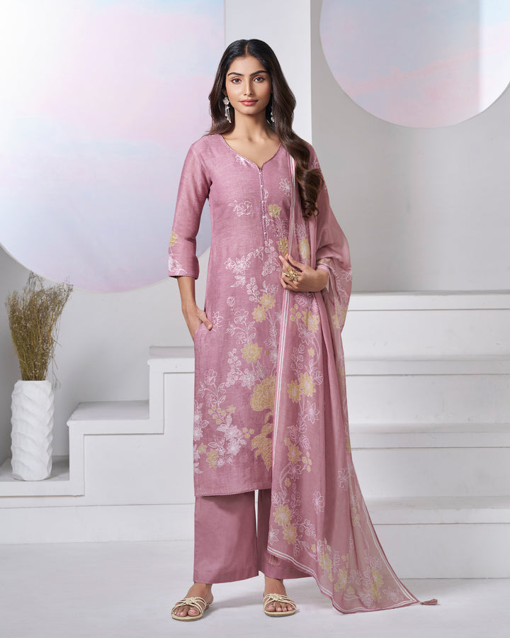 PINK PRINTED WITH LACE WORK STRAIGHT KURTA WITH DYED TROUSERS AND PRINTED DUPATTA