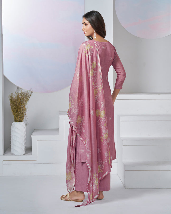 PINK PRINTED WITH LACE WORK STRAIGHT KURTA WITH DYED TROUSERS AND PRINTED DUPATTA