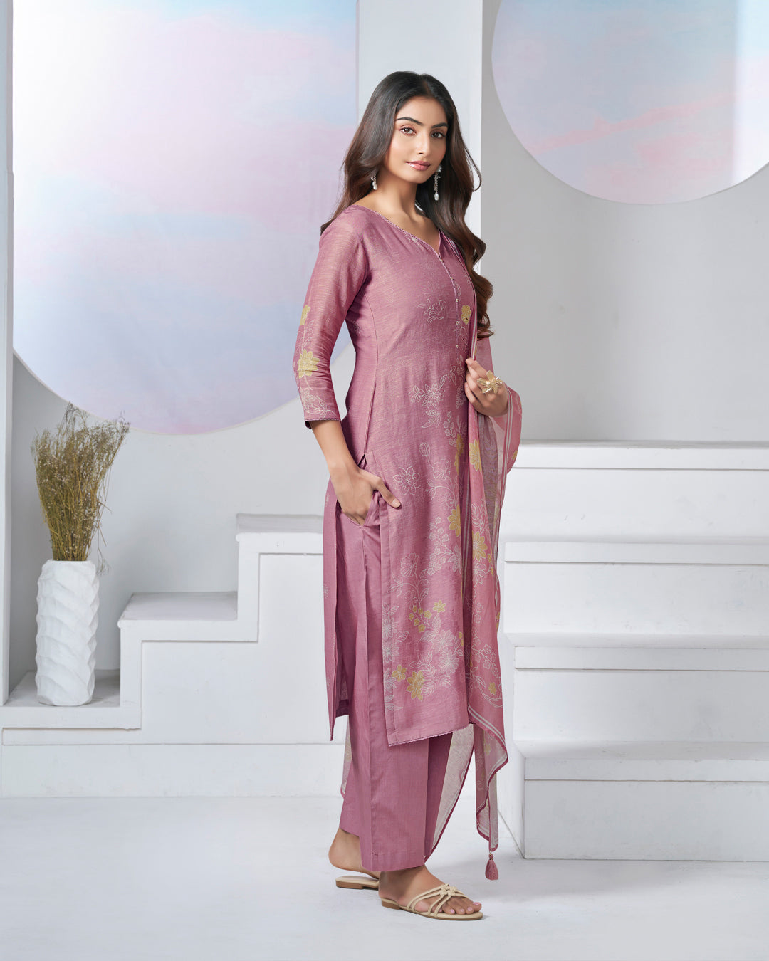 PINK PRINTED WITH LACE WORK STRAIGHT KURTA WITH DYED TROUSERS AND PRINTED DUPATTA