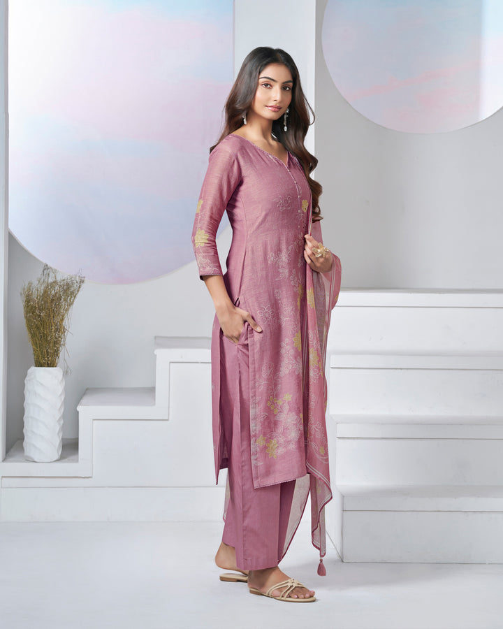 PINK PRINTED WITH LACE WORK STRAIGHT KURTA WITH DYED TROUSERS AND PRINTED DUPATTA