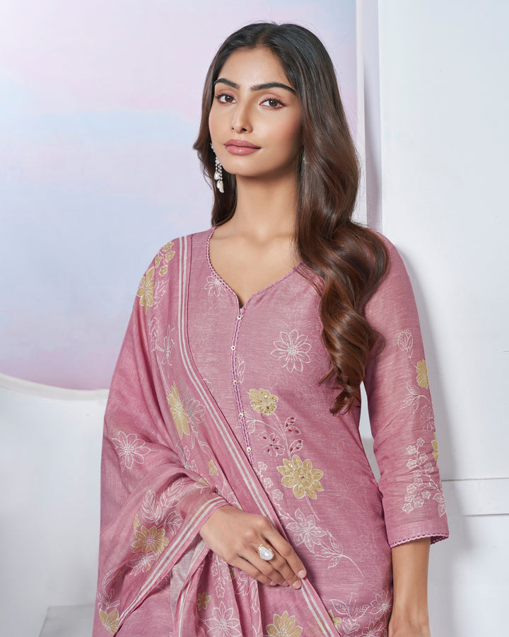 PINK PRINTED WITH LACE WORK STRAIGHT KURTA WITH DYED TROUSERS AND PRINTED DUPATTA