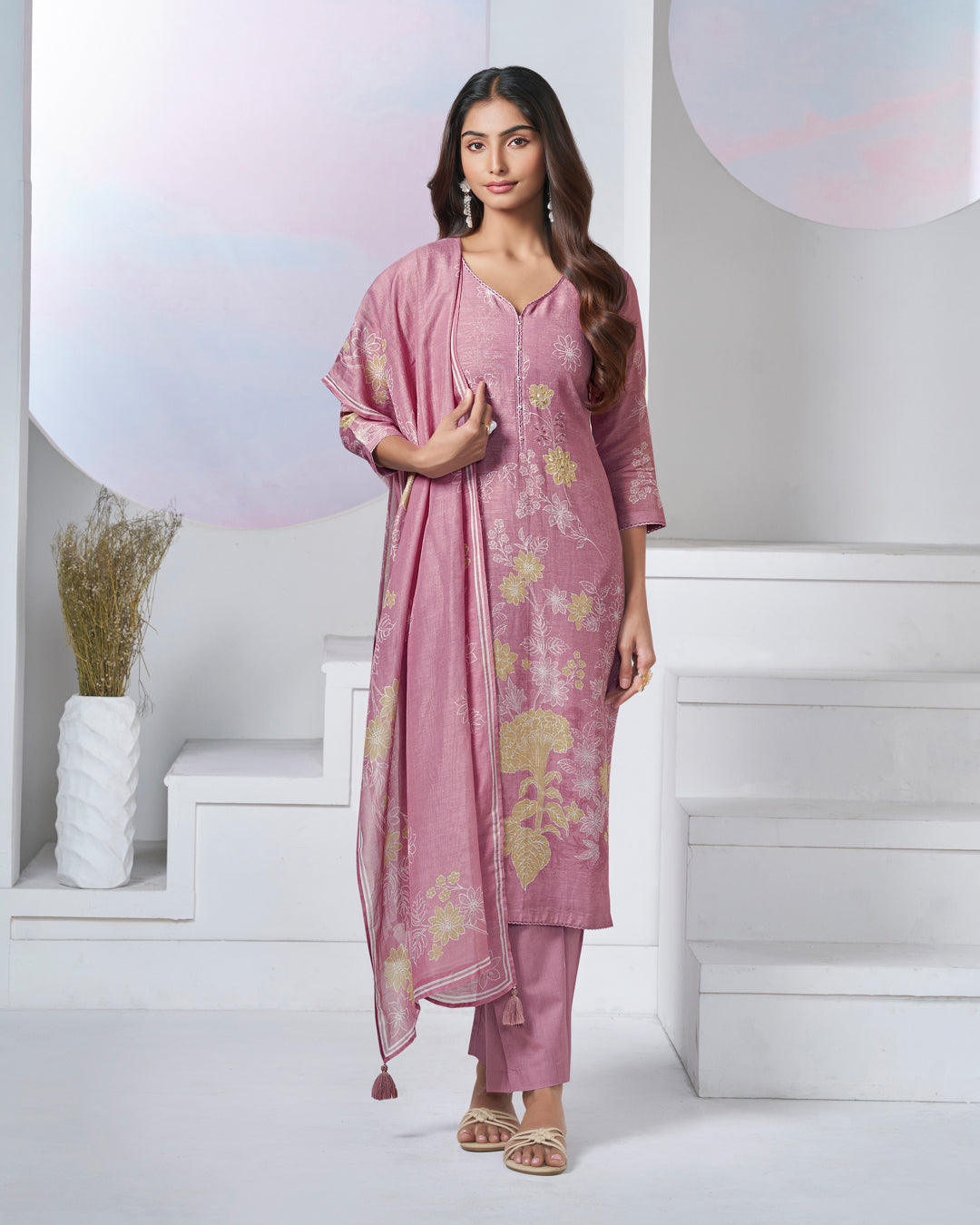 PINK PRINTED WITH LACE WORK STRAIGHT KURTA WITH DYED TROUSERS AND PRINTED DUPATTA