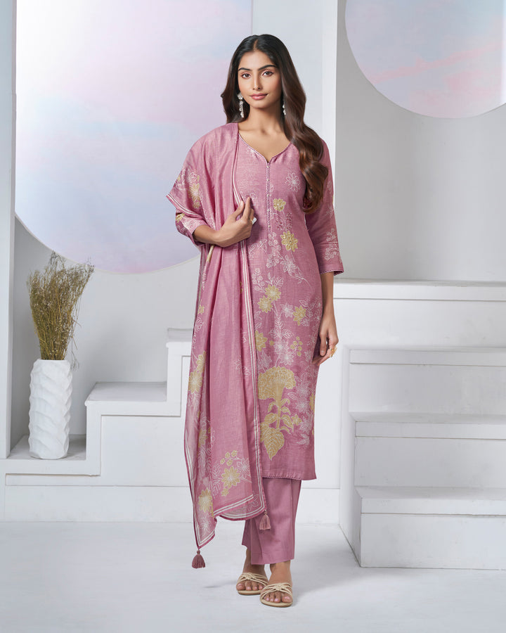 PINK PRINTED WITH LACE WORK STRAIGHT KURTA WITH DYED TROUSERS AND PRINTED DUPATTA