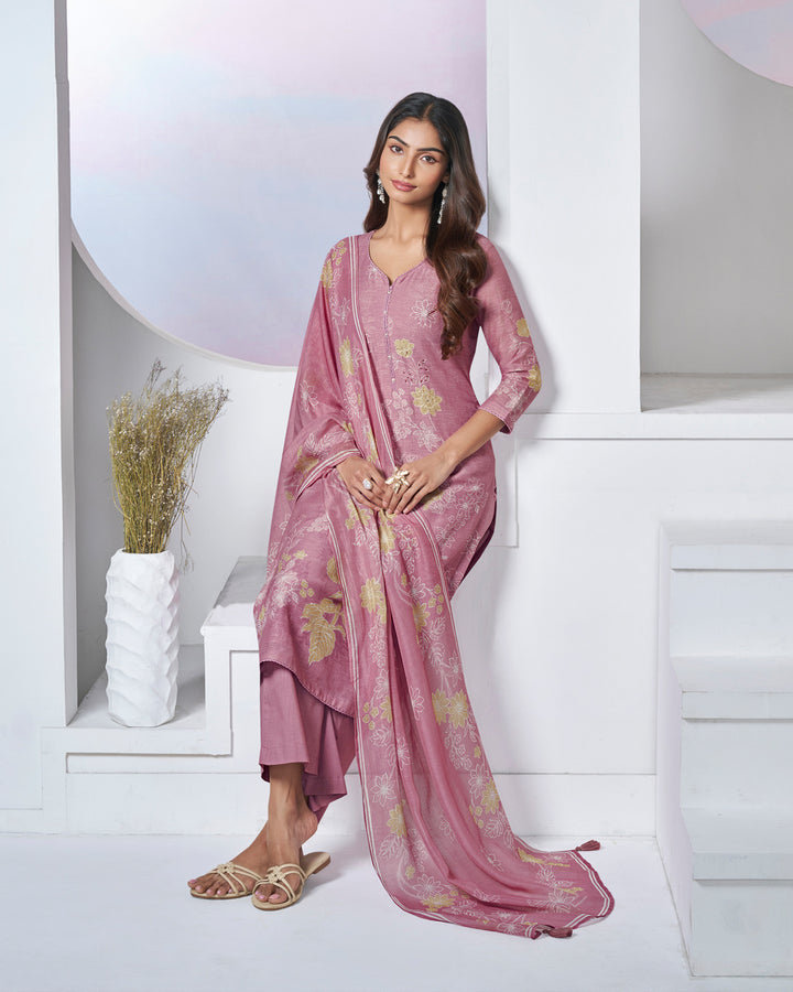 PINK PRINTED WITH LACE WORK STRAIGHT KURTA WITH DYED TROUSERS AND PRINTED DUPATTA