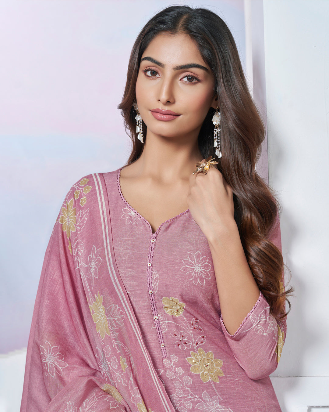 PINK PRINTED WITH LACE WORK STRAIGHT KURTA WITH DYED TROUSERS AND PRINTED DUPATTA