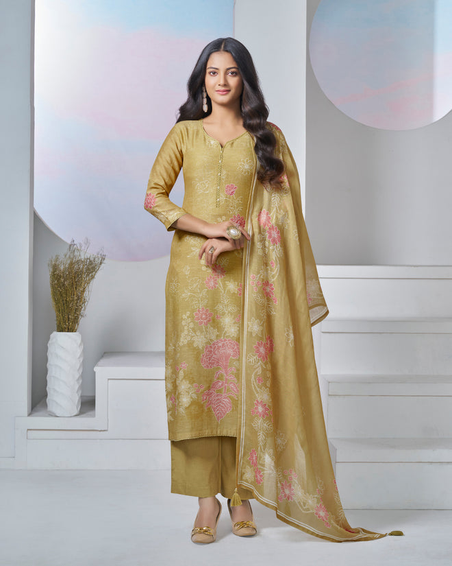 Yellow Printed With Lace Work Straight Kurta With Dyed Trousers And Printed Dupatta