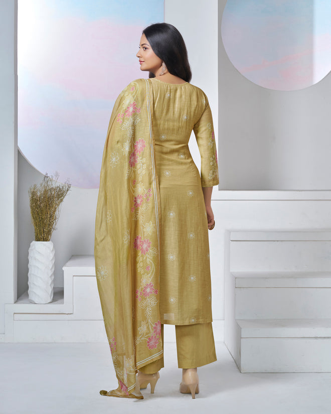 Yellow Printed With Lace Work Straight Kurta With Dyed Trousers And Printed Dupatta