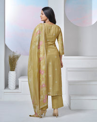 Yellow Printed With Lace Work Straight Kurta With Dyed Trousers And Printed Dupatta
