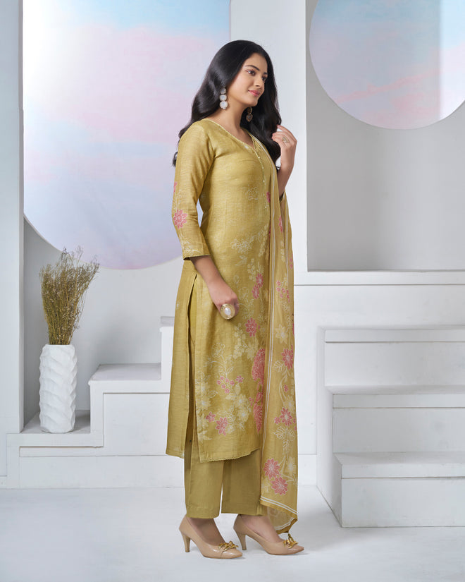 Yellow Printed With Lace Work Straight Kurta With Dyed Trousers And Printed Dupatta