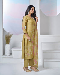 Yellow Printed With Lace Work Straight Kurta With Dyed Trousers And Printed Dupatta