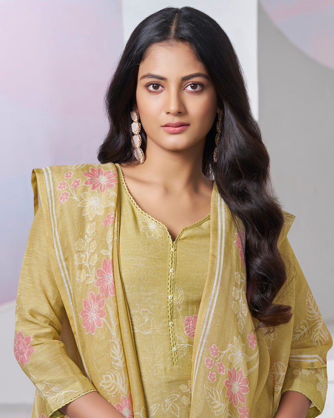 Yellow Printed With Lace Work Straight Kurta With Dyed Trousers And Printed Dupatta