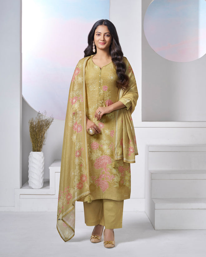 Yellow Printed With Lace Work Straight Kurta With Dyed Trousers And Printed Dupatta