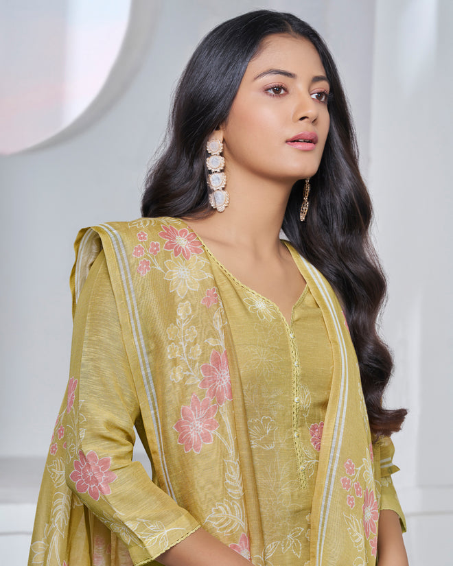 Yellow Printed With Lace Work Straight Kurta With Dyed Trousers And Printed Dupatta