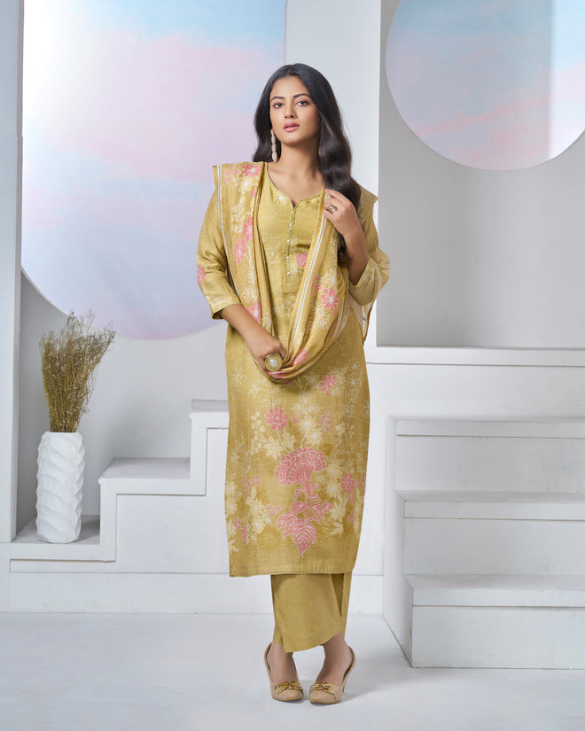 Yellow Printed With Lace Work Straight Kurta With Dyed Trousers And Printed Dupatta