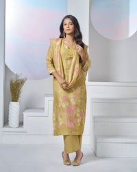 Yellow Printed With Lace Work Straight Kurta With Dyed Trousers And Printed Dupatta