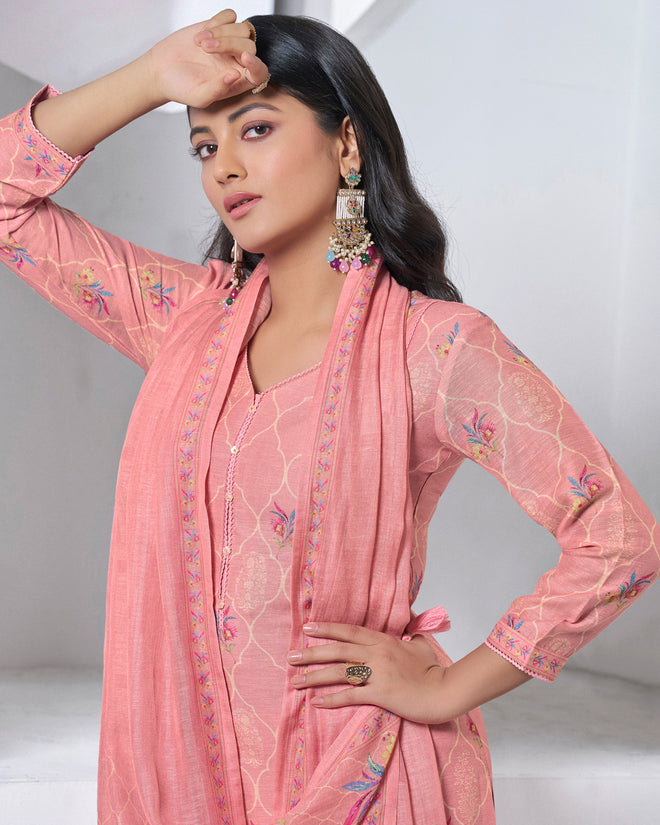Prach Printed With Lace Work Straight Kurta With Dyed Trousers And Printed Dupatta