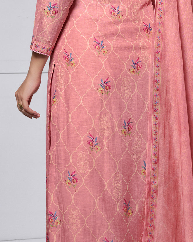 Prach Printed With Lace Work Straight Kurta With Dyed Trousers And Printed Dupatta