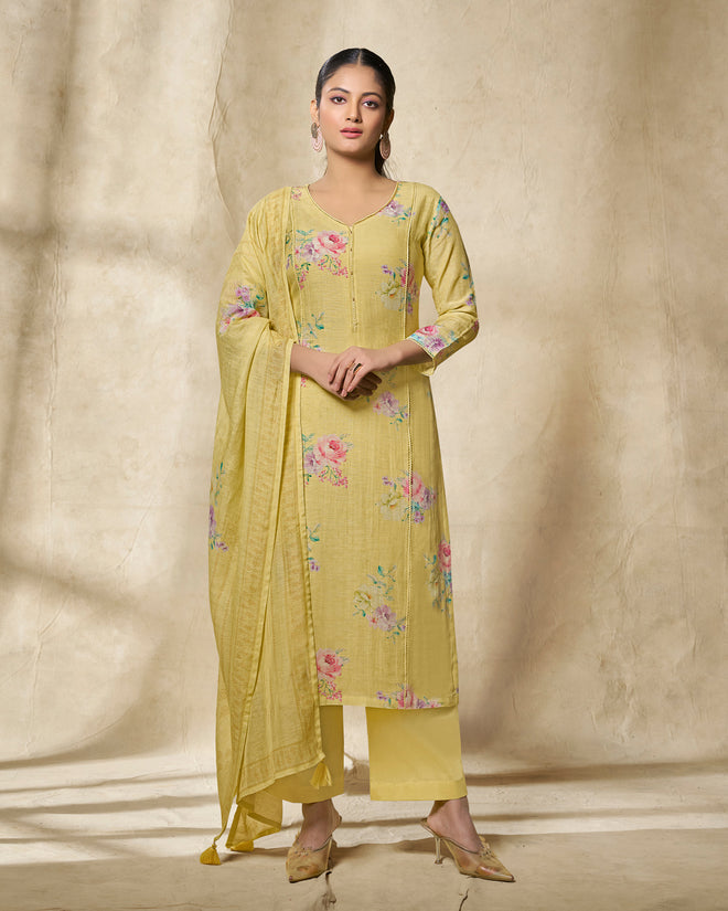 Yellow Printed With Lace Work Straight Kurta With Dyed Trousers And Printed Dupatta