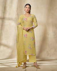 Yellow Printed With Lace Work Straight Kurta With Dyed Trousers And Printed Dupatta