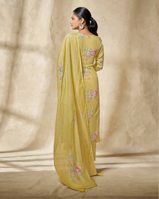 Yellow Printed With Lace Work Straight Kurta With Dyed Trousers And Printed Dupatta