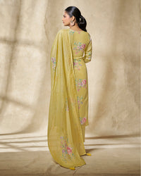 Yellow Printed With Lace Work Straight Kurta With Dyed Trousers And Printed Dupatta
