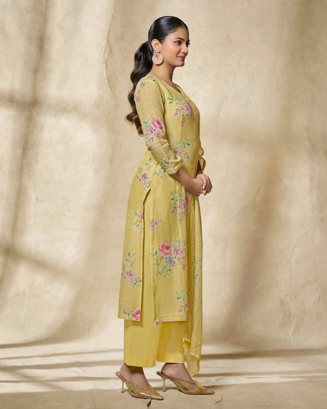 Yellow Printed With Lace Work Straight Kurta With Dyed Trousers And Printed Dupatta