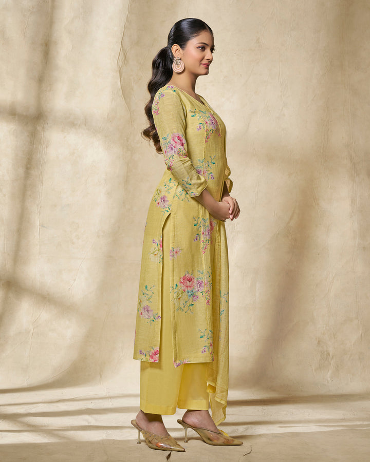 YELLOW PRINTED WITH LACE WORK STRAIGHT KURTA WITH DYED TROUSERS AND PRINTED DUPATTA