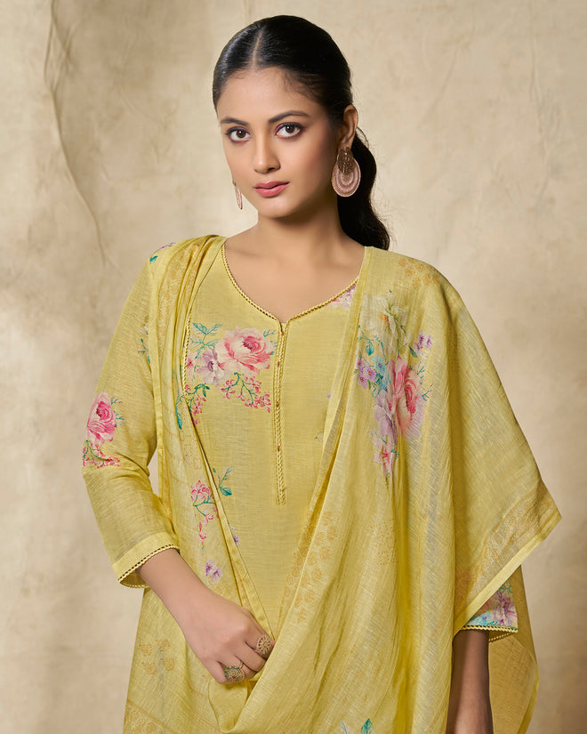 Yellow Printed With Lace Work Straight Kurta With Dyed Trousers And Printed Dupatta
