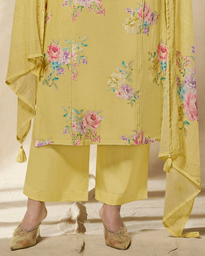 Yellow Printed With Lace Work Straight Kurta With Dyed Trousers And Printed Dupatta