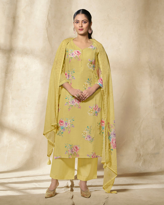 Yellow Printed With Lace Work Straight Kurta With Dyed Trousers And Printed Dupatta