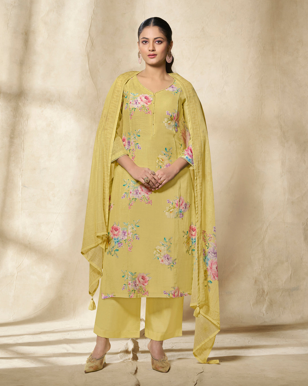 YELLOW PRINTED WITH LACE WORK STRAIGHT KURTA WITH DYED TROUSERS AND PRINTED DUPATTA