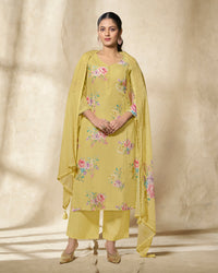 Yellow Printed With Lace Work Straight Kurta With Dyed Trousers And Printed Dupatta