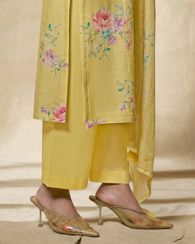 Yellow Printed With Lace Work Straight Kurta With Dyed Trousers And Printed Dupatta