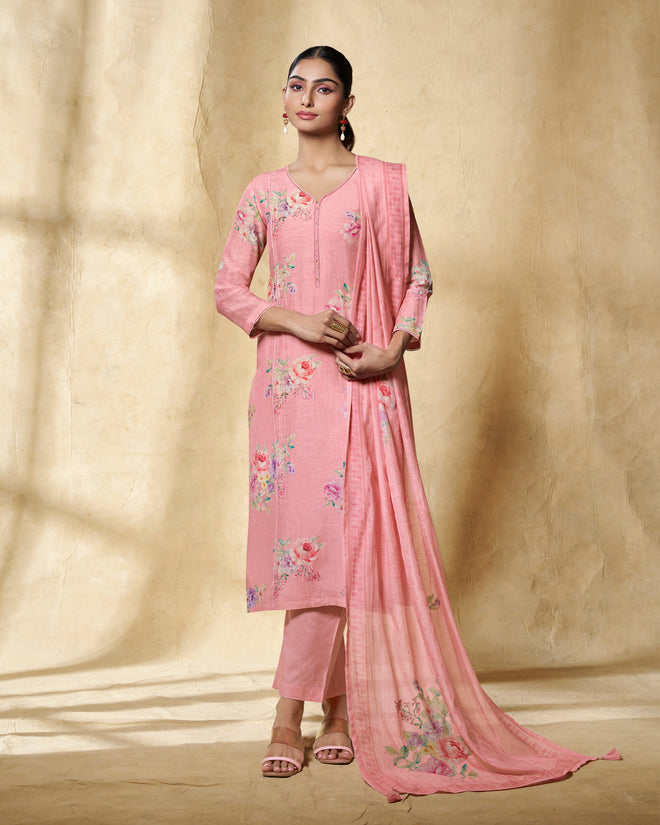 Pink Printed With Lace Work Straight Kurta With Dyed Trousers And Printed Dupatta