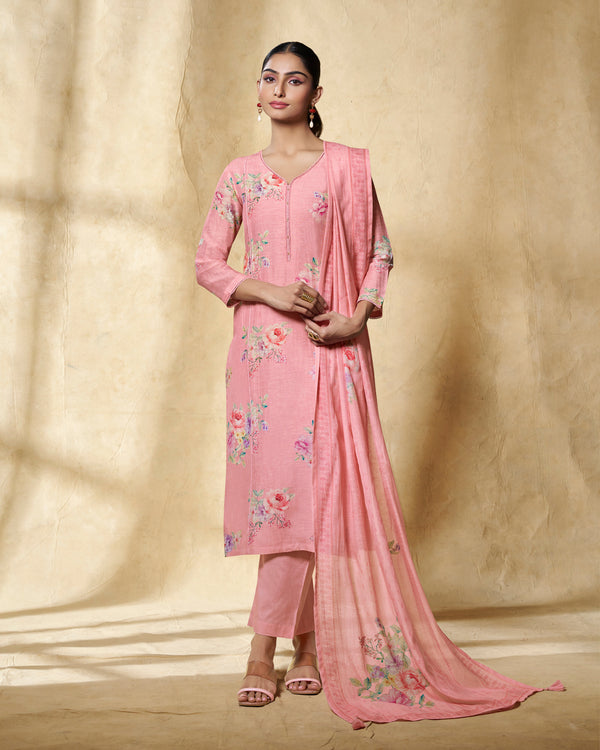 Pink Printed With Lace Work Straight Kurta With Dyed Trousers And Printed Dupatta