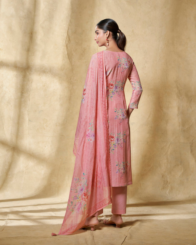 Pink Printed With Lace Work Straight Kurta With Dyed Trousers And Printed Dupatta