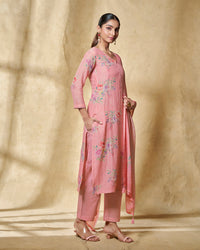Pink Printed With Lace Work Straight Kurta With Dyed Trousers And Printed Dupatta