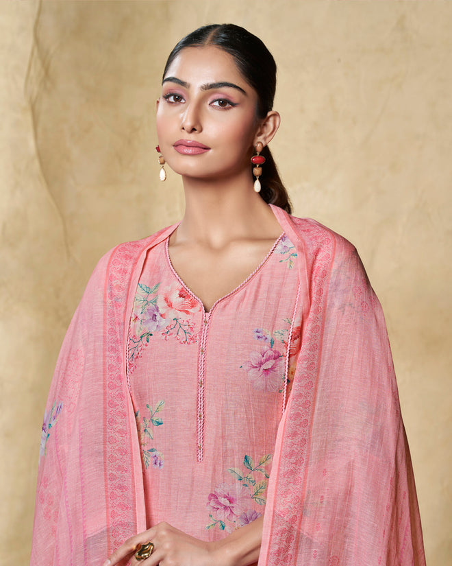 Pink Printed With Lace Work Straight Kurta With Dyed Trousers And Printed Dupatta