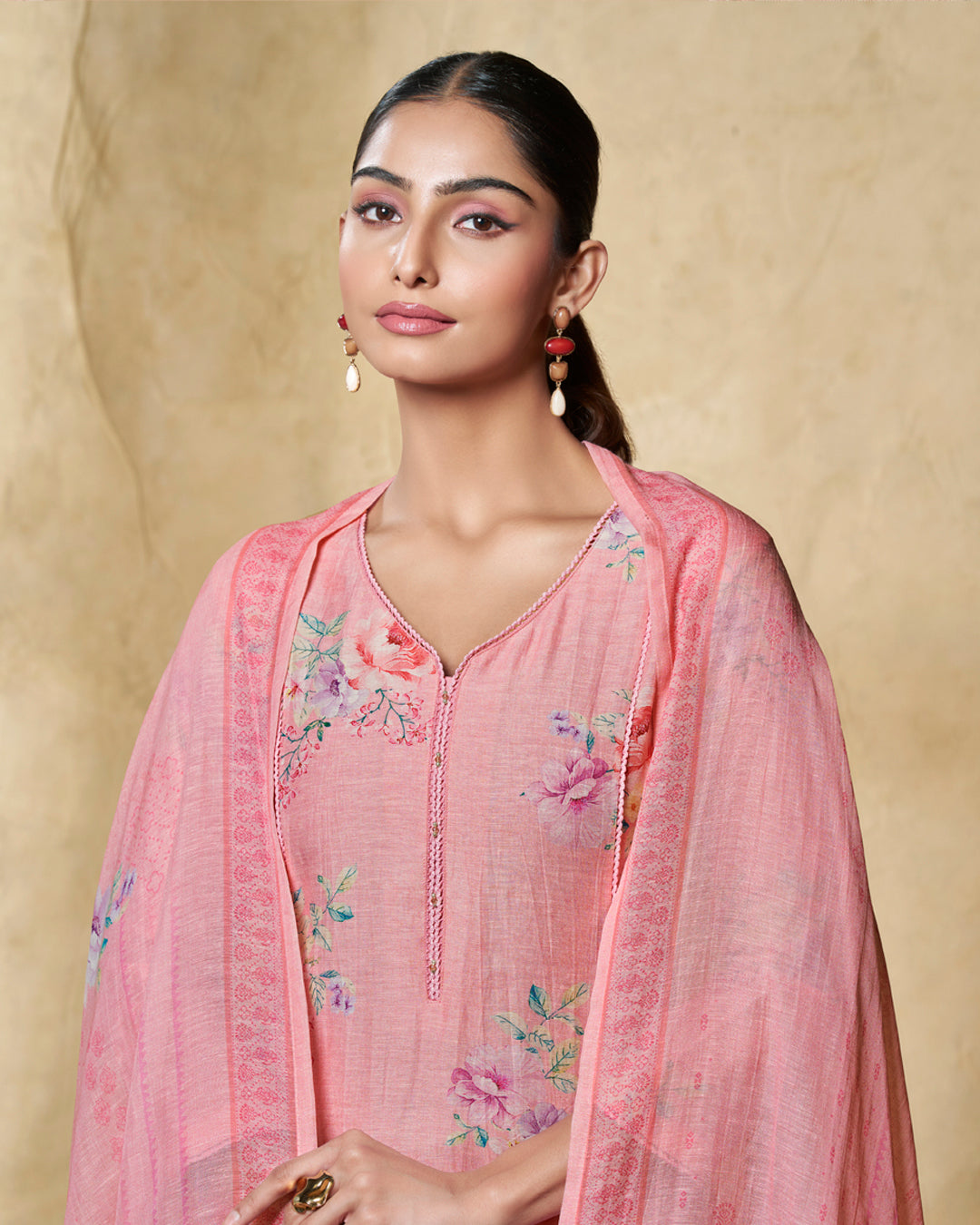 PINK PRINTED WITH LACE WORK STRAIGHT KURTA WITH DYED TROUSERS AND PRINTED DUPATTA