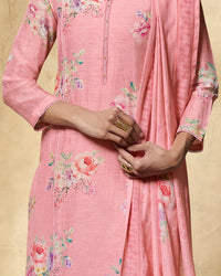Pink Printed With Lace Work Straight Kurta With Dyed Trousers And Printed Dupatta