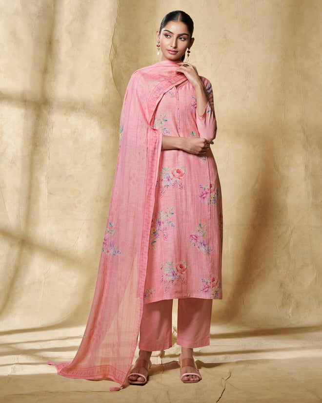 Pink Printed With Lace Work Straight Kurta With Dyed Trousers And Printed Dupatta