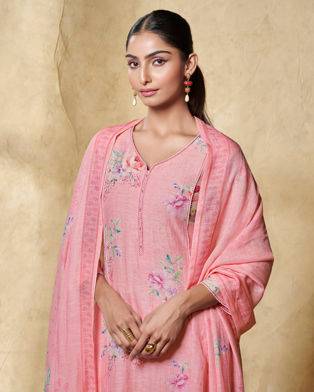 Pink Printed With Lace Work Straight Kurta With Dyed Trousers And Printed Dupatta