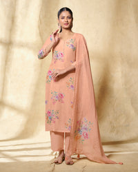 Orange Printed With Lace Work Straight Kurta With Dyed Trousers And Printed Dupatta