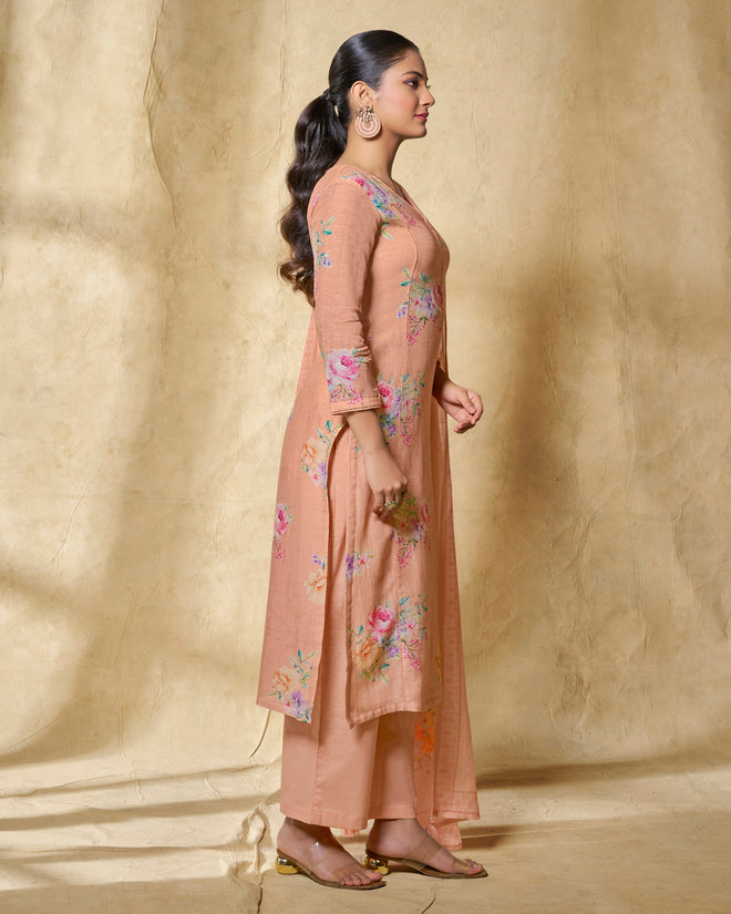 Orange Printed With Lace Work Straight Kurta With Dyed Trousers And Printed Dupatta
