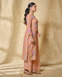 Orange Printed With Lace Work Straight Kurta With Dyed Trousers And Printed Dupatta