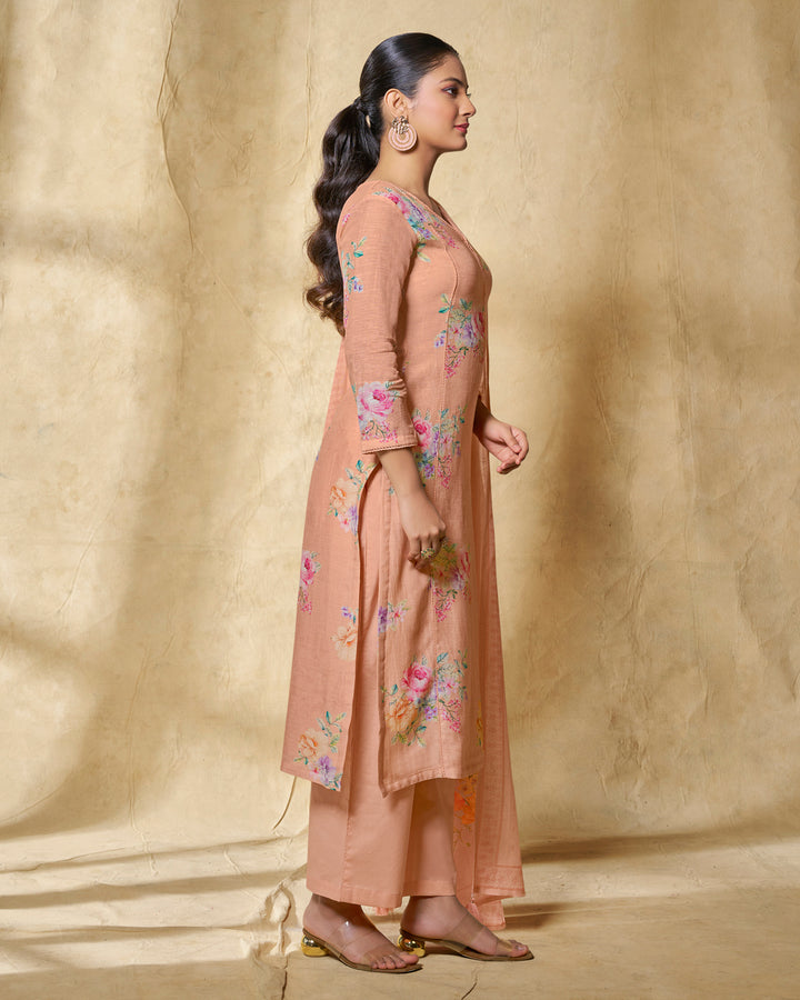 ORANGE PRINTED WITH LACE WORK STRAIGHT KURTA WITH DYED TROUSERS AND PRINTED DUPATTA
