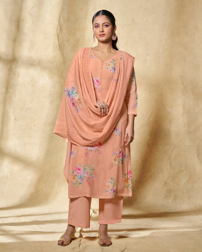 Orange Printed With Lace Work Straight Kurta With Dyed Trousers And Printed Dupatta