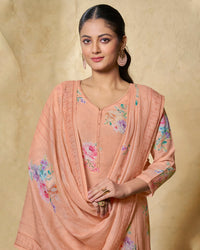Orange Printed With Lace Work Straight Kurta With Dyed Trousers And Printed Dupatta