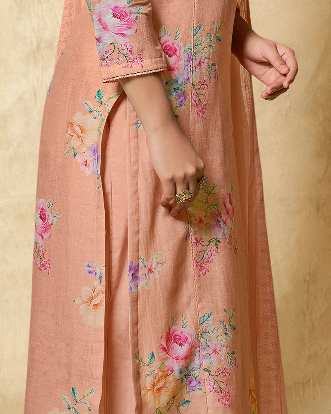 Orange Printed With Lace Work Straight Kurta With Dyed Trousers And Printed Dupatta
