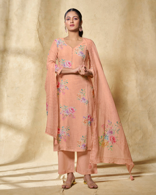 Orange Printed With Lace Work Straight Kurta With Dyed Trousers And Printed Dupatta